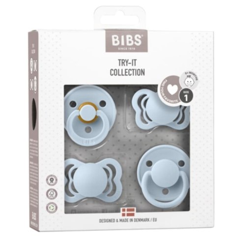 BIBS TRY-IT zestaw 4 szt smoczków niemowlęcych o różnych ustnikach BABY BLUE BIBS TRY-IT zestaw 4 szt smoczków niemowlęcych o różnych ustnikach BABY BLUE