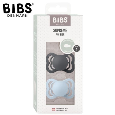 BIBS SUPREME 2-PACK IRON & BABY BLUE S Smoczek symetryczny kauczuk Hevea BIBS SUPREME 2-PACK IRON & BABY BLUE S Smoczek symetryczny kauczuk Hevea