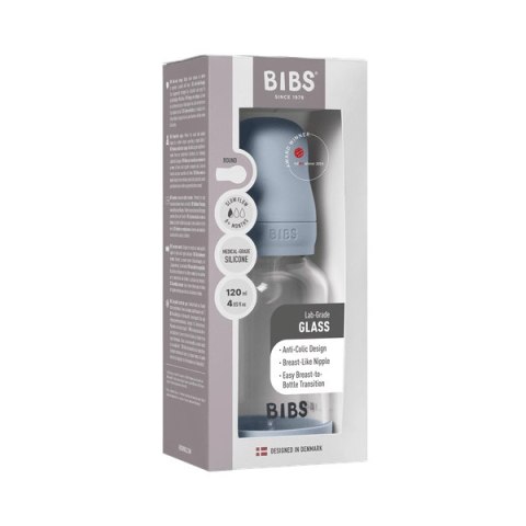 BIBS BUTELKA SZKLANA ze smoczkiem antykolkowym z silikonu medycznego, pojemność 120 ml, BABY BLUE BIBS BUTELKA SZKLANA ze smoczkiem antykolkowym z silikonu medycznego, pojemność 120 ml, BABY BLUE