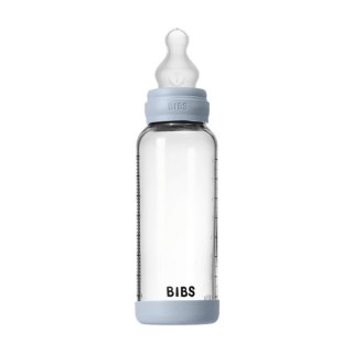 BIBS BUTELKA SZKLANA ze smoczkiem antykolkowym z silikonu medycznego, pojemność 240 ml, BABY BLUE