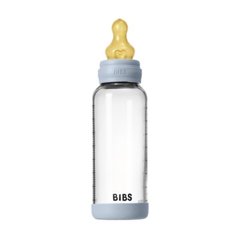 BIBS BUTELKA SZKLANA ze smoczkiem antykolkowym z kauczuku naturalnego, pojemność 240 ml, BABY BLUE BIBS BUTELKA SZKLANA ze smoczkiem antykolkowym z kauczuku naturalnego, pojemność 240 ml, BABY BLUE