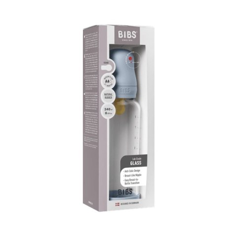 BIBS BUTELKA SZKLANA ze smoczkiem antykolkowym z kauczuku naturalnego, pojemność 240 ml, BABY BLUE BIBS BUTELKA SZKLANA ze smoczkiem antykolkowym z kauczuku naturalnego, pojemność 240 ml, BABY BLUE